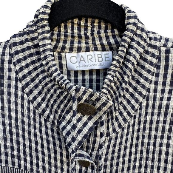 Caribe Vintage Womens Gingham Striped Sleeveless Top Button High Collar Jacket S - Picture 4 of 12